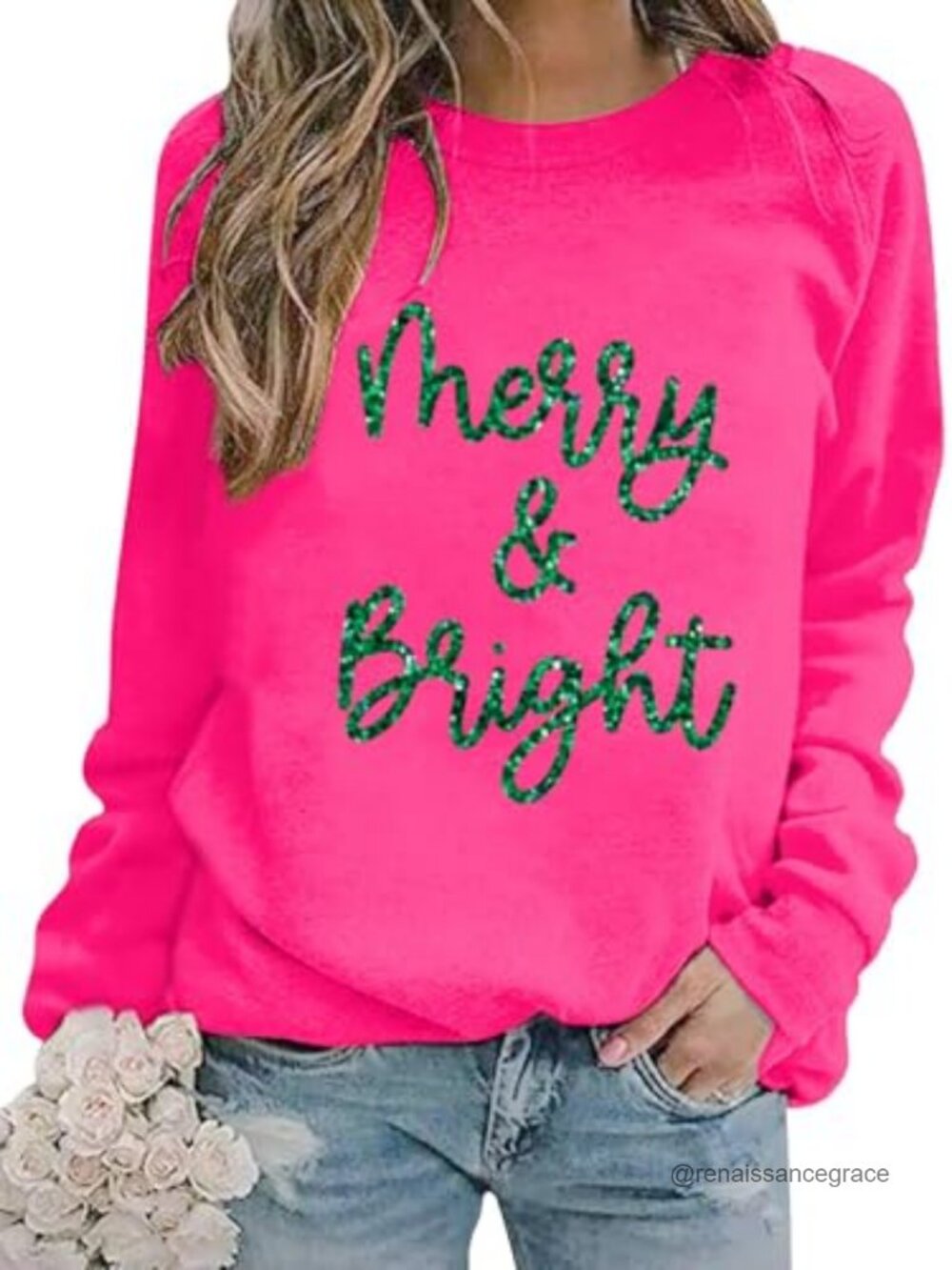 Merry and Bright Glitter Crewneck Christmas Sweatshirt Pullover Top